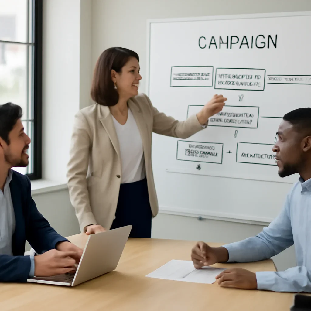 Team reviewing campaign workflow for Internet Marketing Alberta