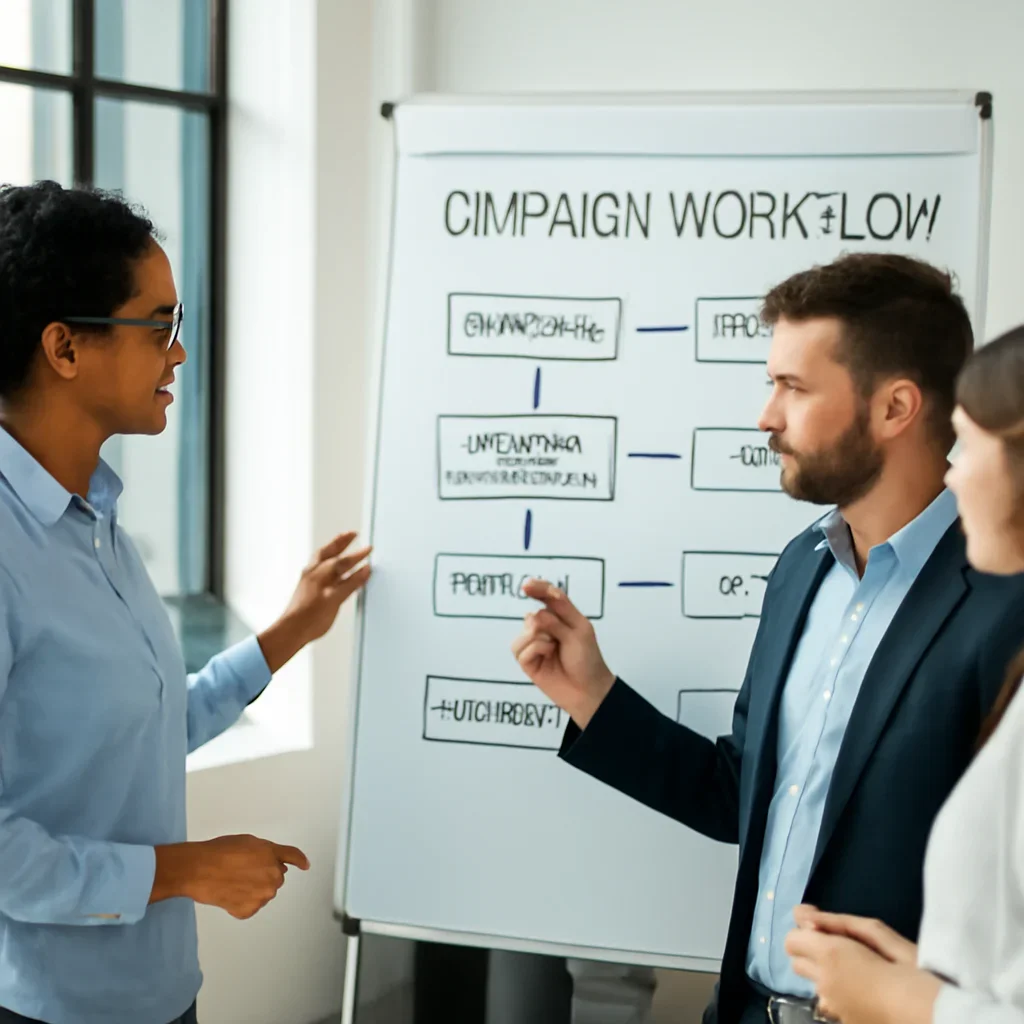 Team reviewing campaign workflow for Internet Marketing Kitchener