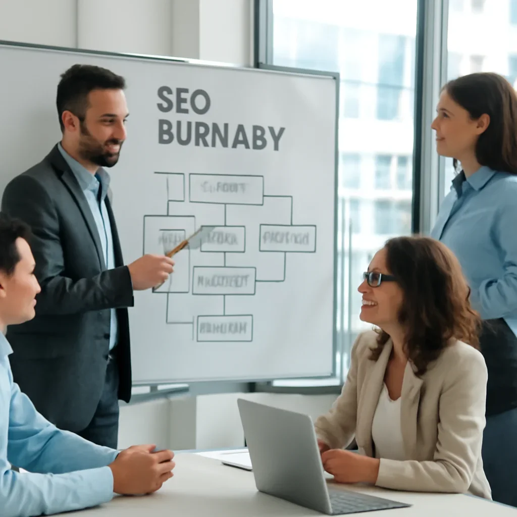 Team reviewing campaign workflow for SEO Burnaby
